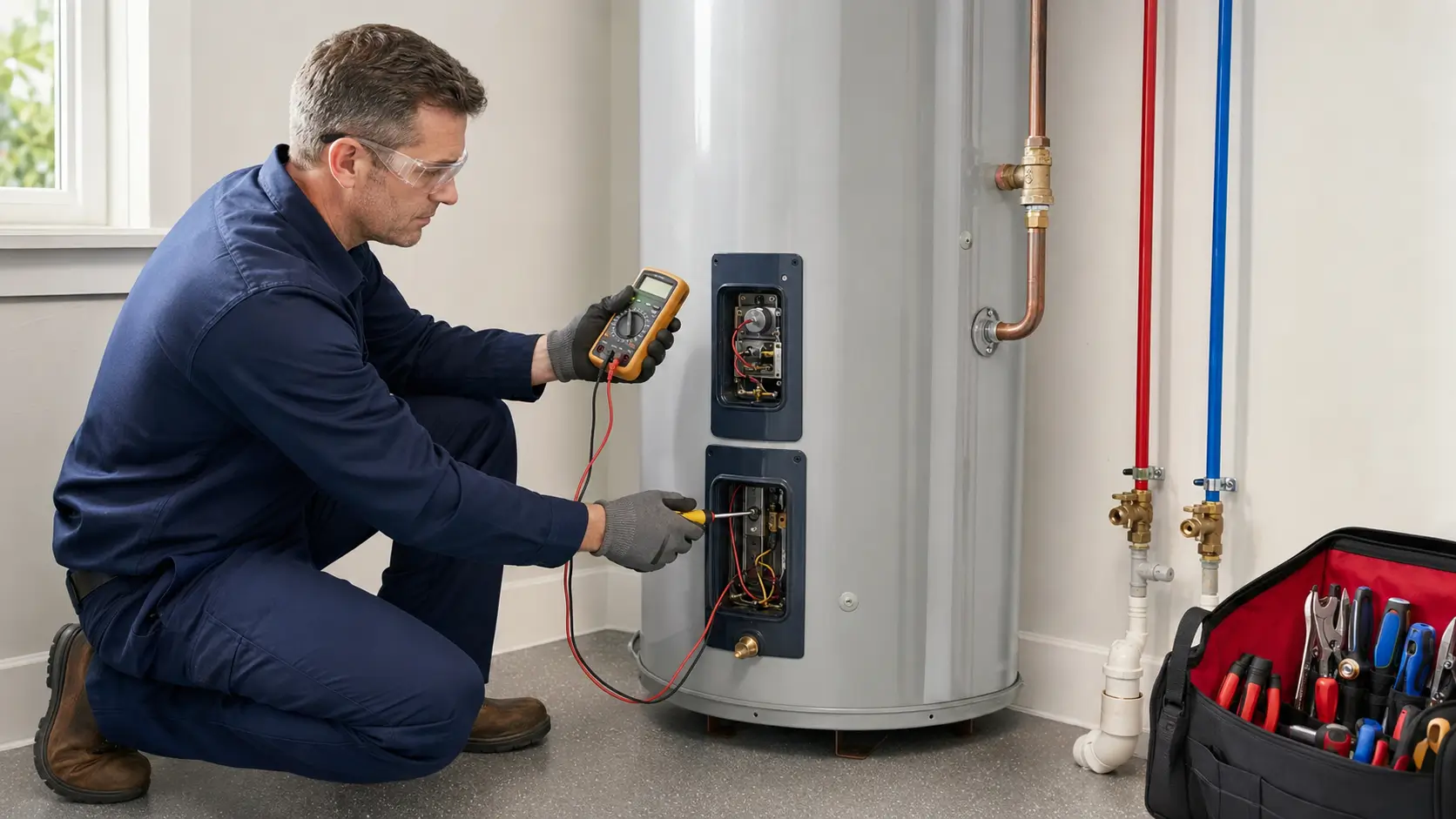 Technician repairing an electric water heater