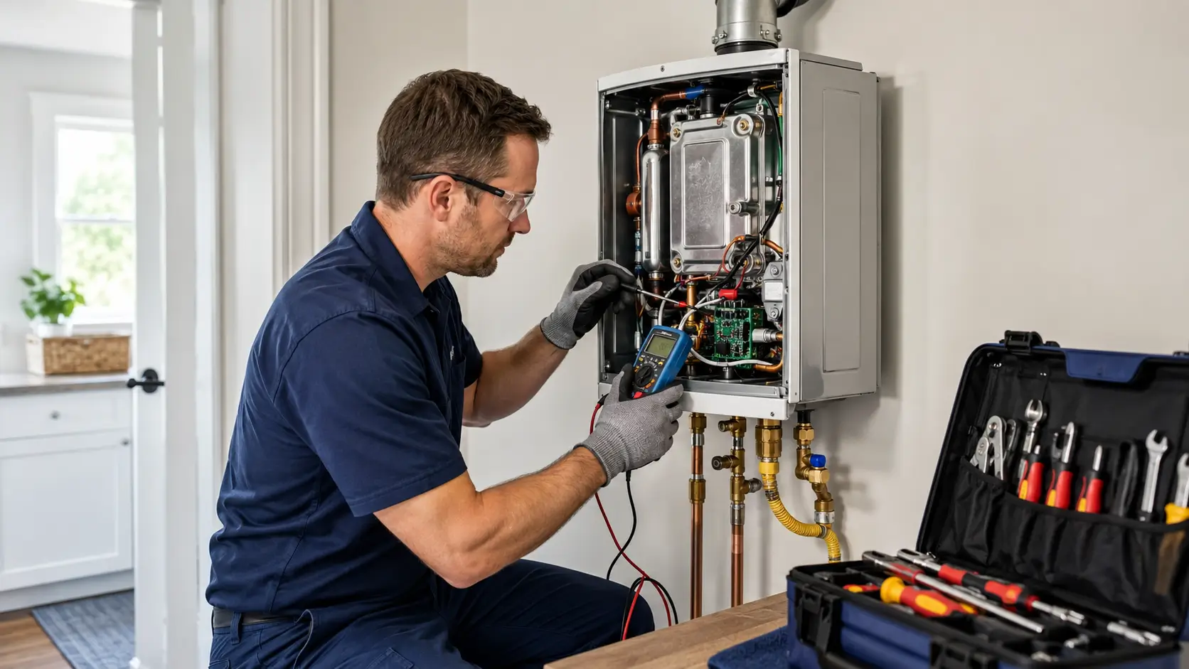 Technician diagnosing and repairing a tankless water heater