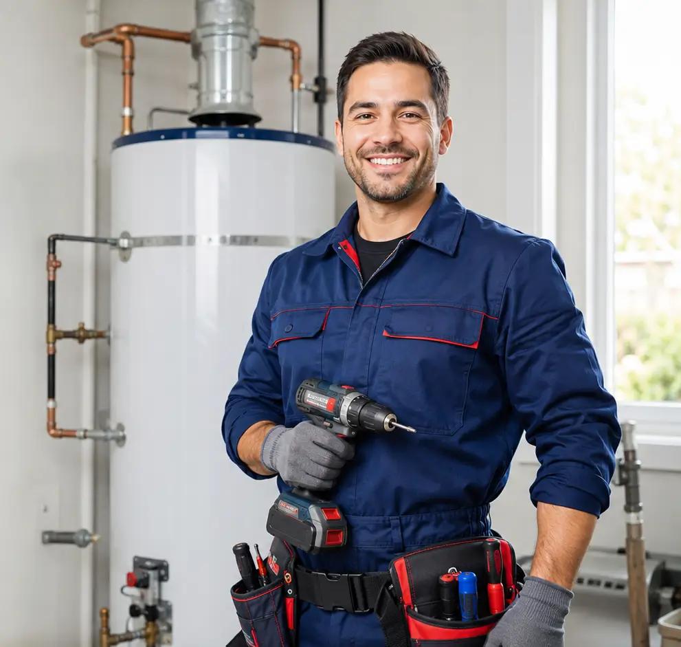 Technician completing a home water heater service