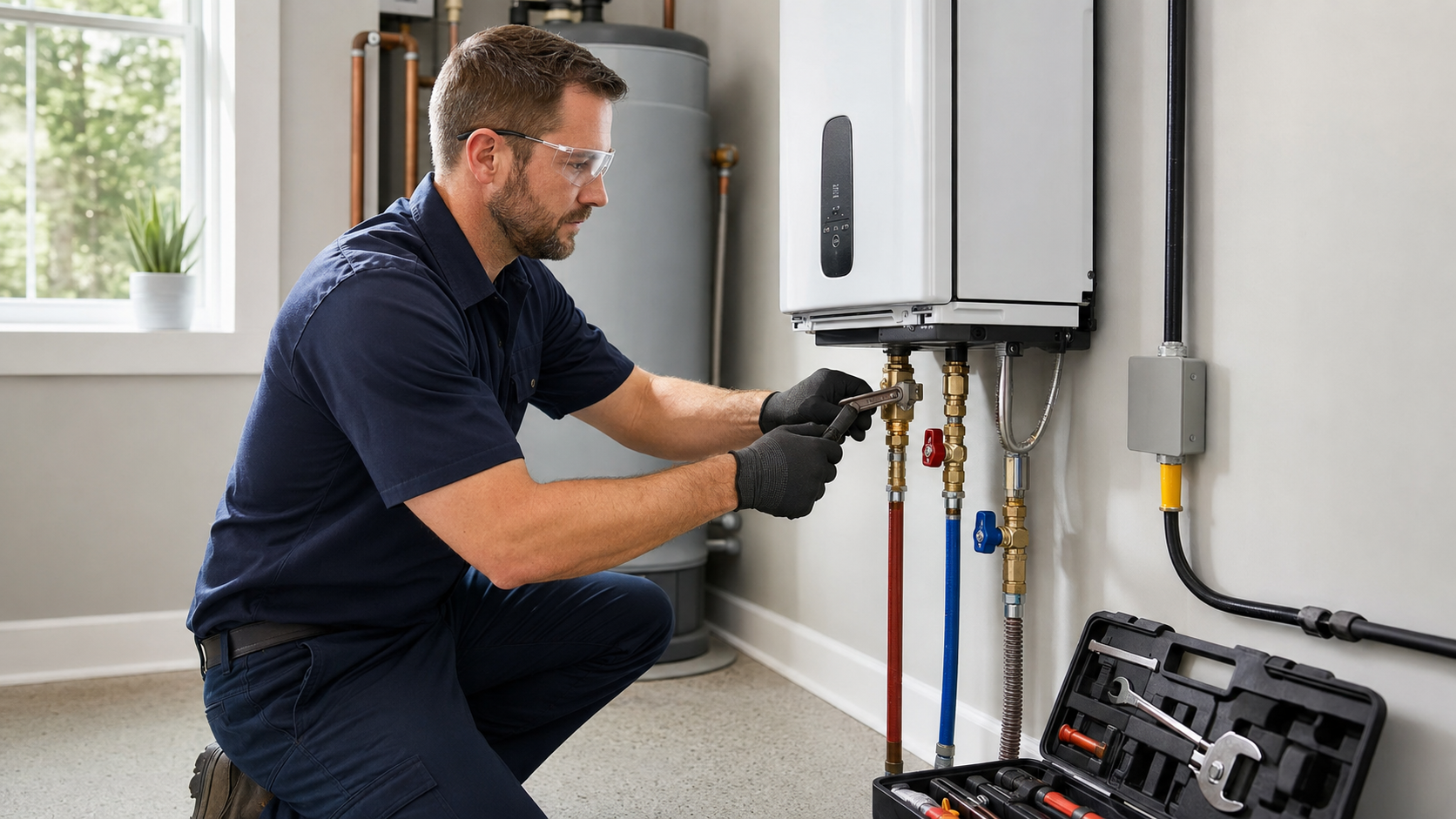 Technician installing a tankless water heater